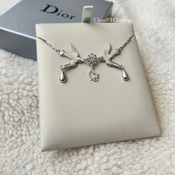 Auth Vintage Dior Logo Bird of flowers Crystal Drop Necklace w/ Silver Hardware - Picture 4 of 7